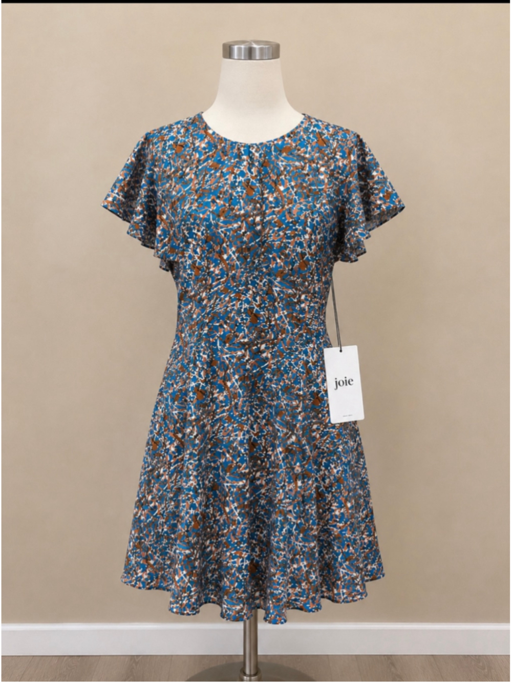 Joie Printed Silk Blend Flutter Sleeve Mini Dress Size 4 Blue Brown NWT